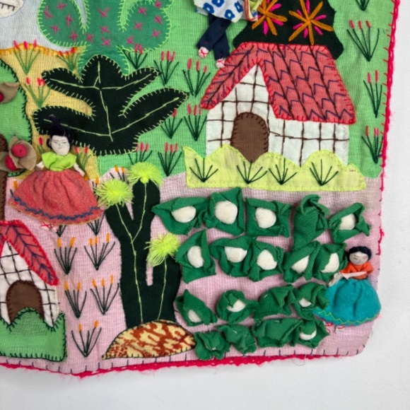 Peru Arpillera Handmade 3D Wall Art Hanging Village Garden Cabbage Trees Cactus - Picture 4 of 12